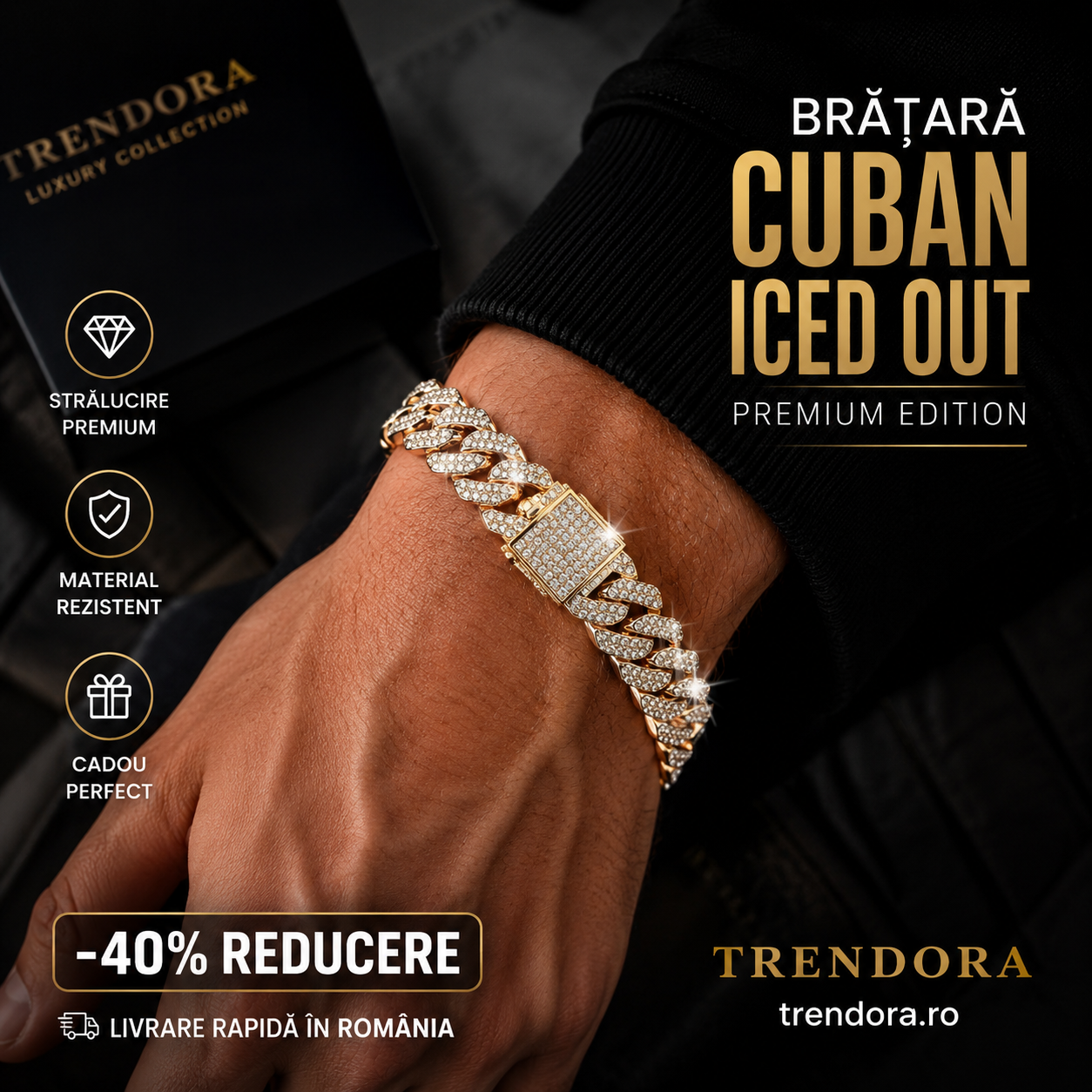 Brățară Cuban Iced Out Gold Premium – Luxury Edition | Trendora