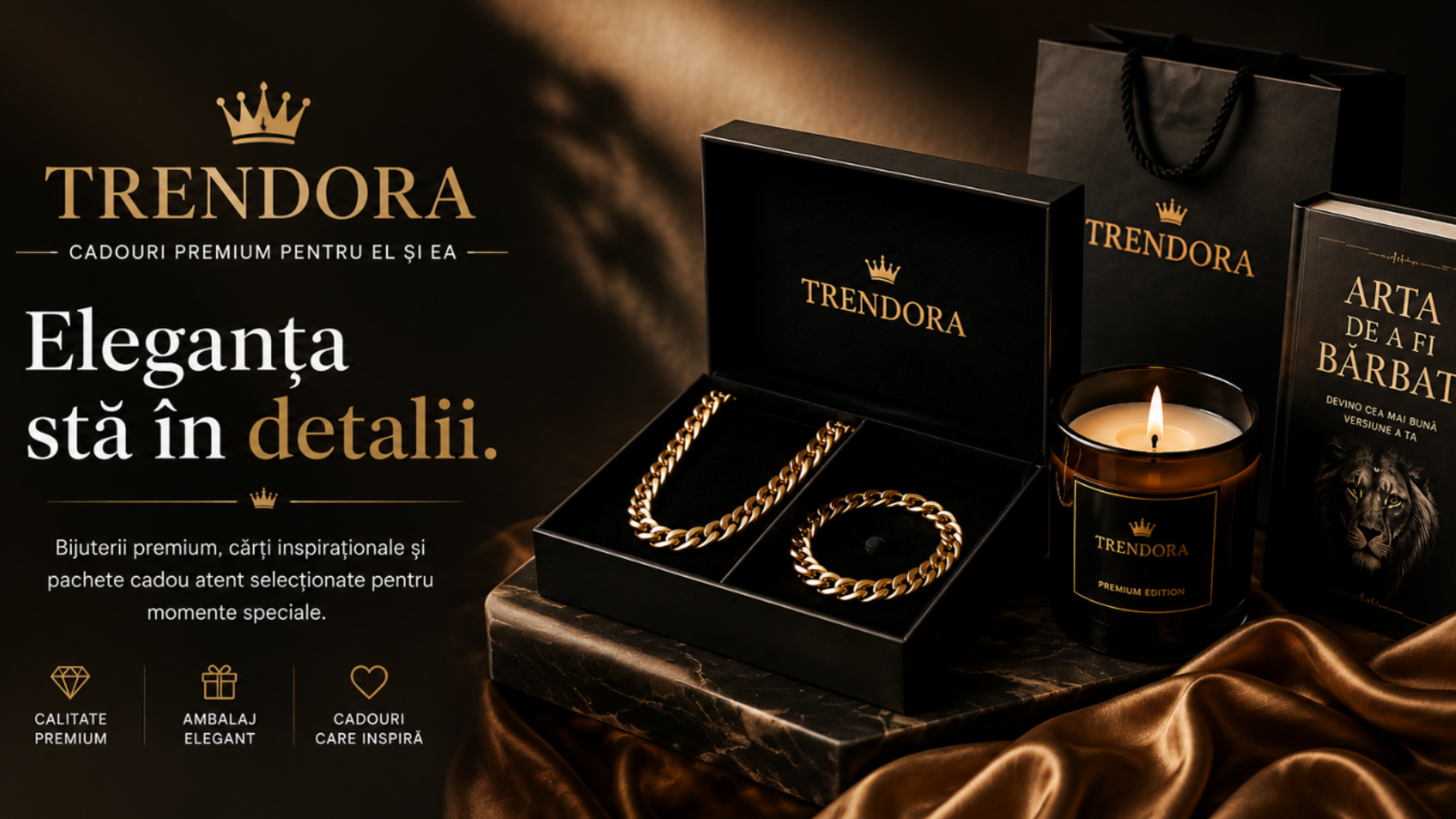 Trendora premium gift set featuring a gold chain necklace, a black scented candle, a black gift bag, and a black book on a draped gold satin surface with a dark background.